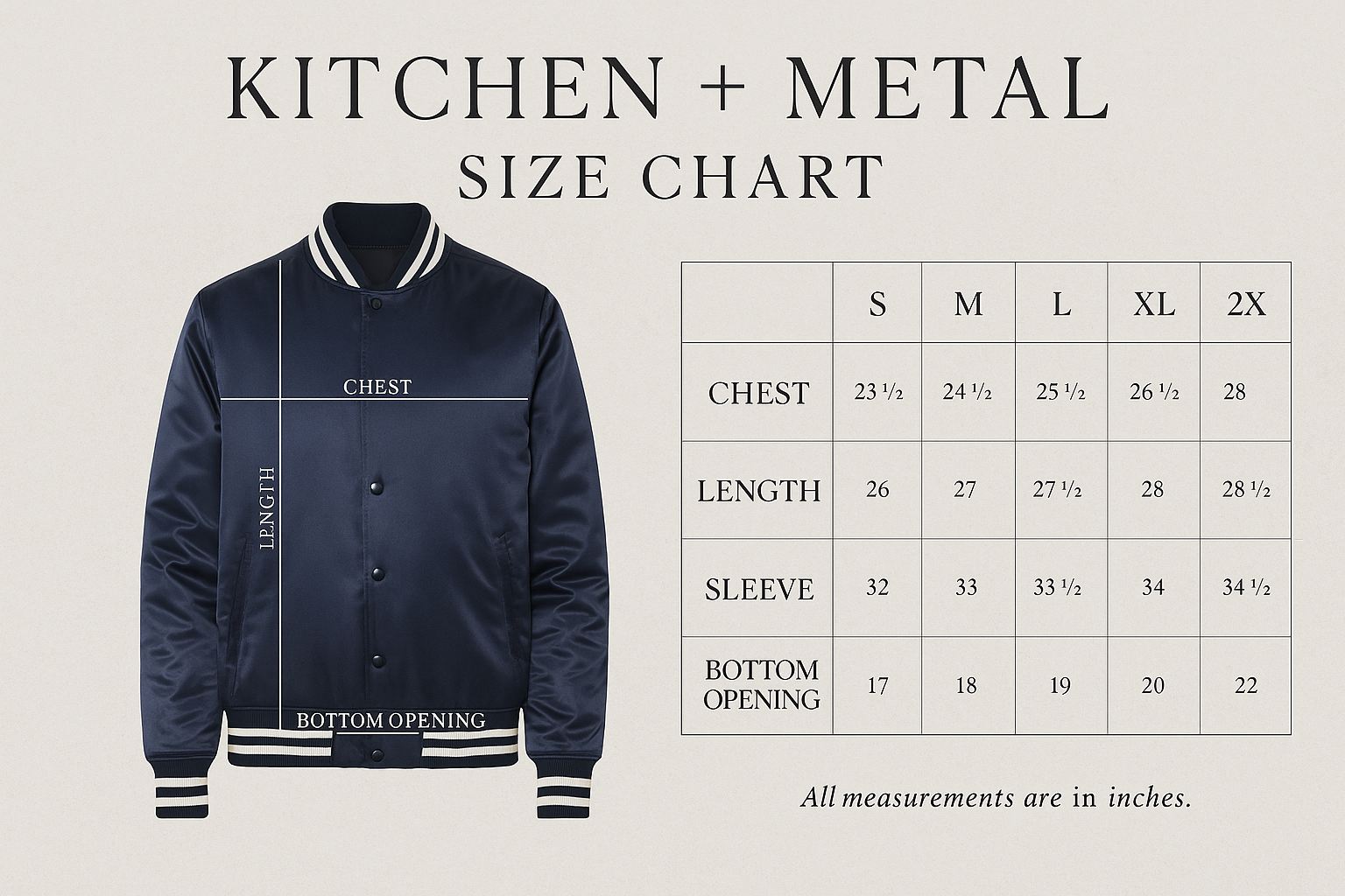 Kitchen + Metal Product and Sizing Chart Graphic