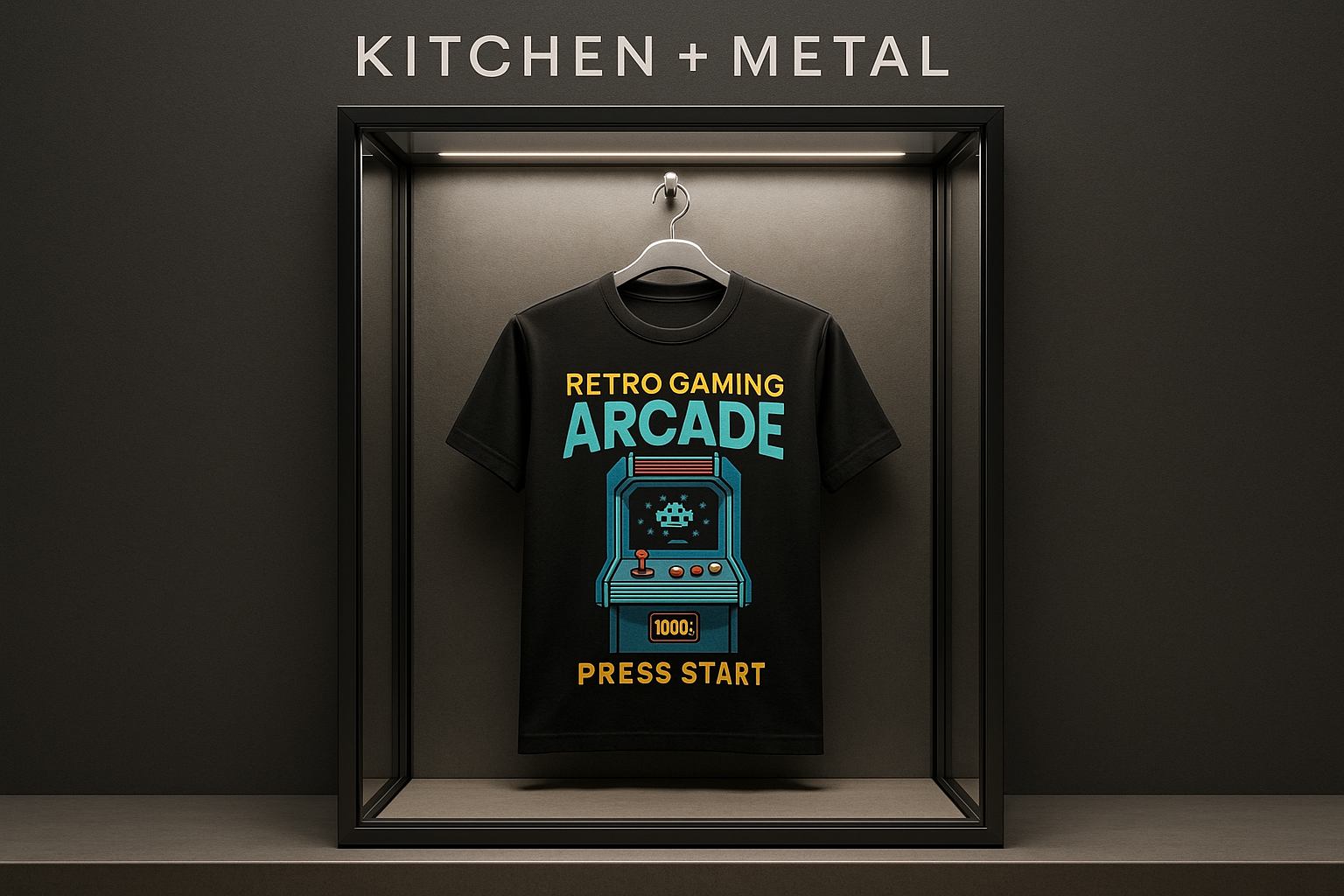Kitchen + Metal Retro Gaming Arcade T-Shirt Display Case