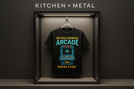Kitchen + Metal Retro Gaming Arcade T-Shirt Display Case
