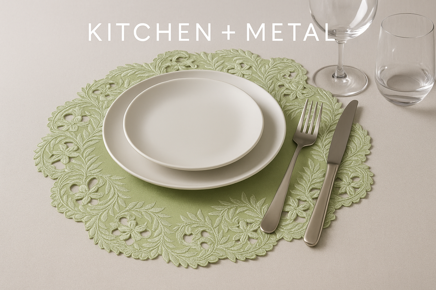 Kitchen + Metal Sage Green Lace Placemat Display