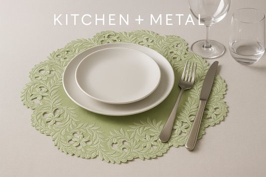 Kitchen + Metal Sage Green Lace Placemat Display