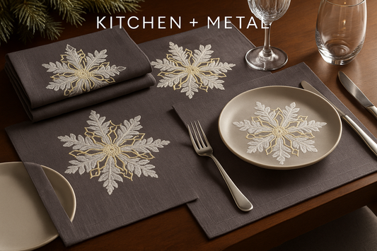 Kitchen + Metal Snowflake Embroidered Placemats Display