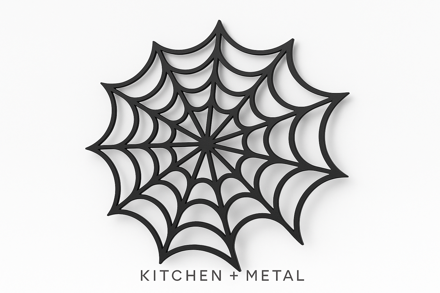 Black spider web design on a white background with 'Kitchen + Metal' text below.
