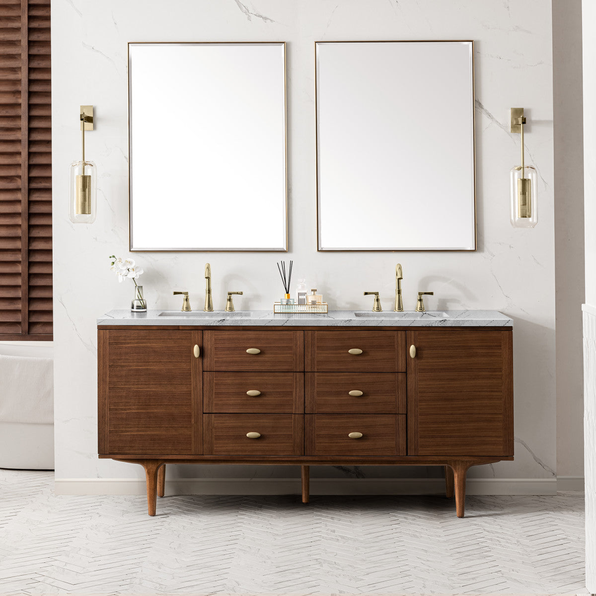 Amberly 72" Double Vanity Cabinet, Mid-Century Walnut