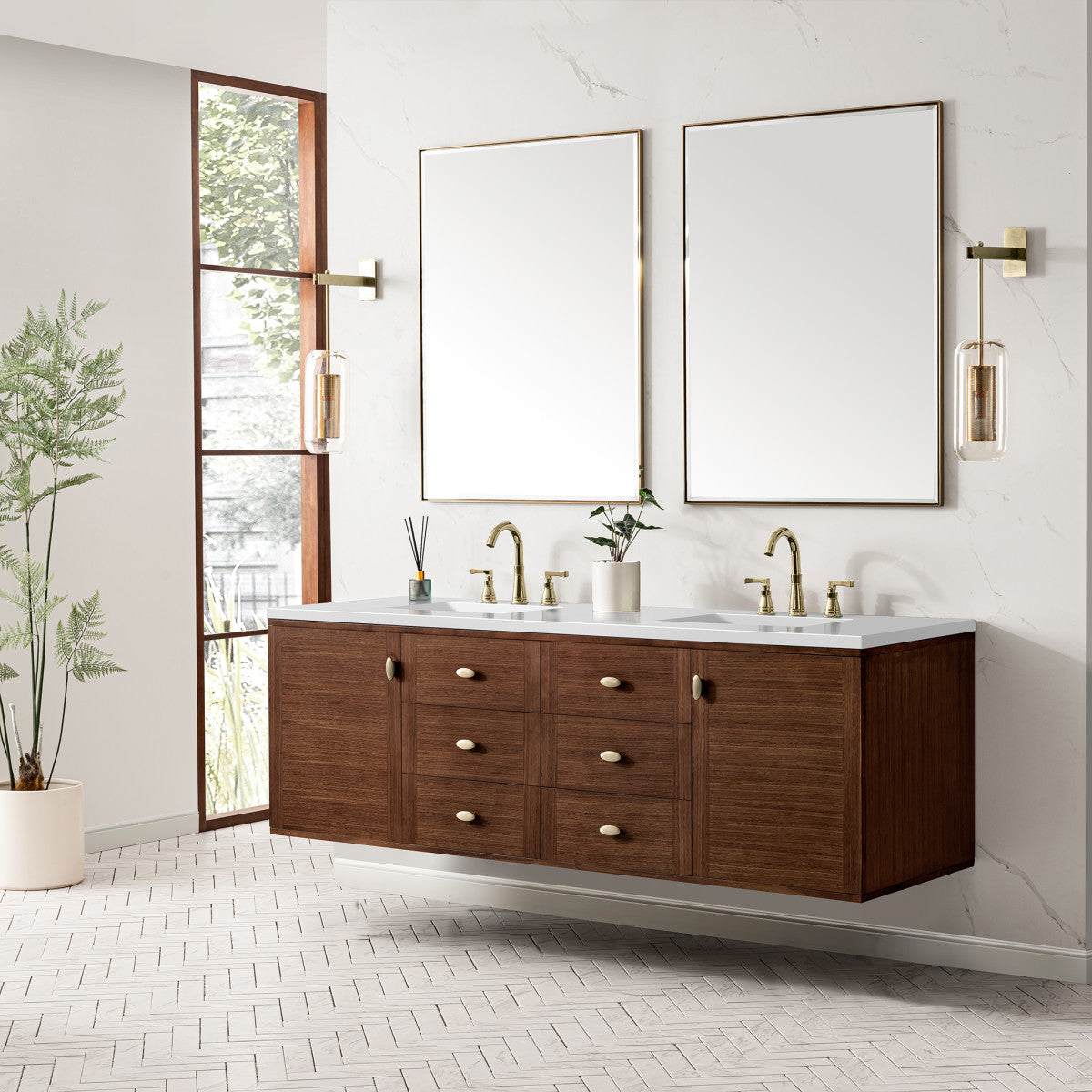 Amberly 72" Double Vanity Cabinet, Mid-Century Walnut