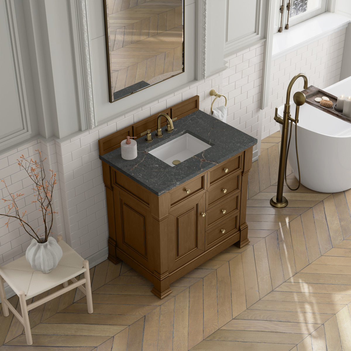 James Martin 547-V36 Brookfield 36” Single Vanity – Black Onyx / Honey Oak / Pearl Charcoal