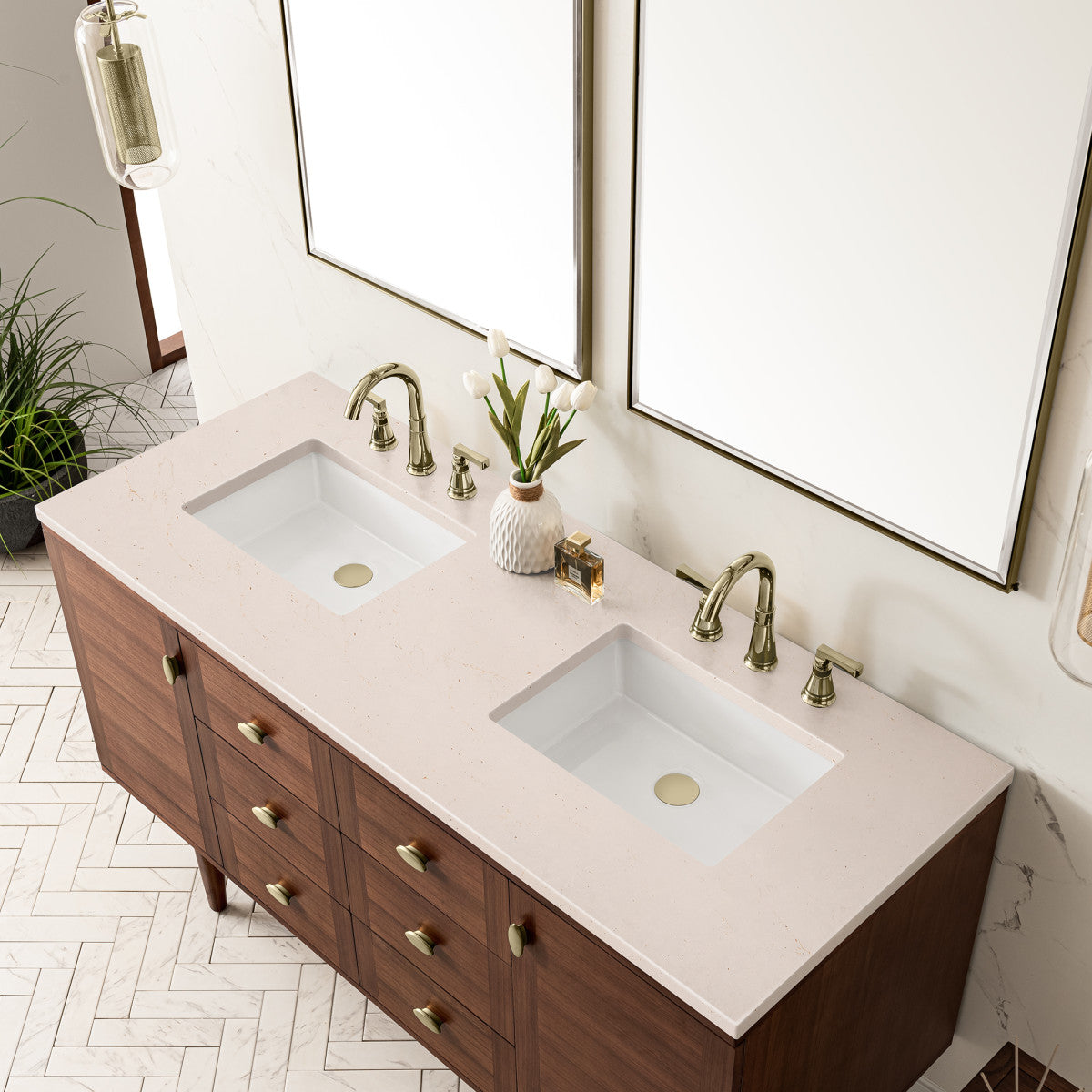 Amberly 60" Double Vanity Cabinet, Mid-Century Walnut