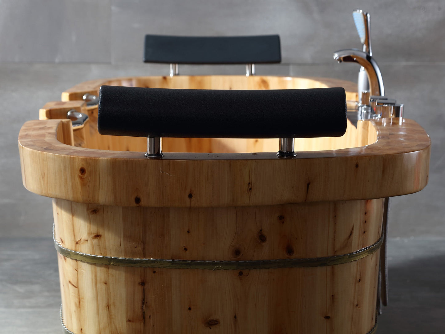 ALFI brand  AB1130 65" 2 Person Free Standing Cedar Wooden Bathtub with Fixtures & Headrests