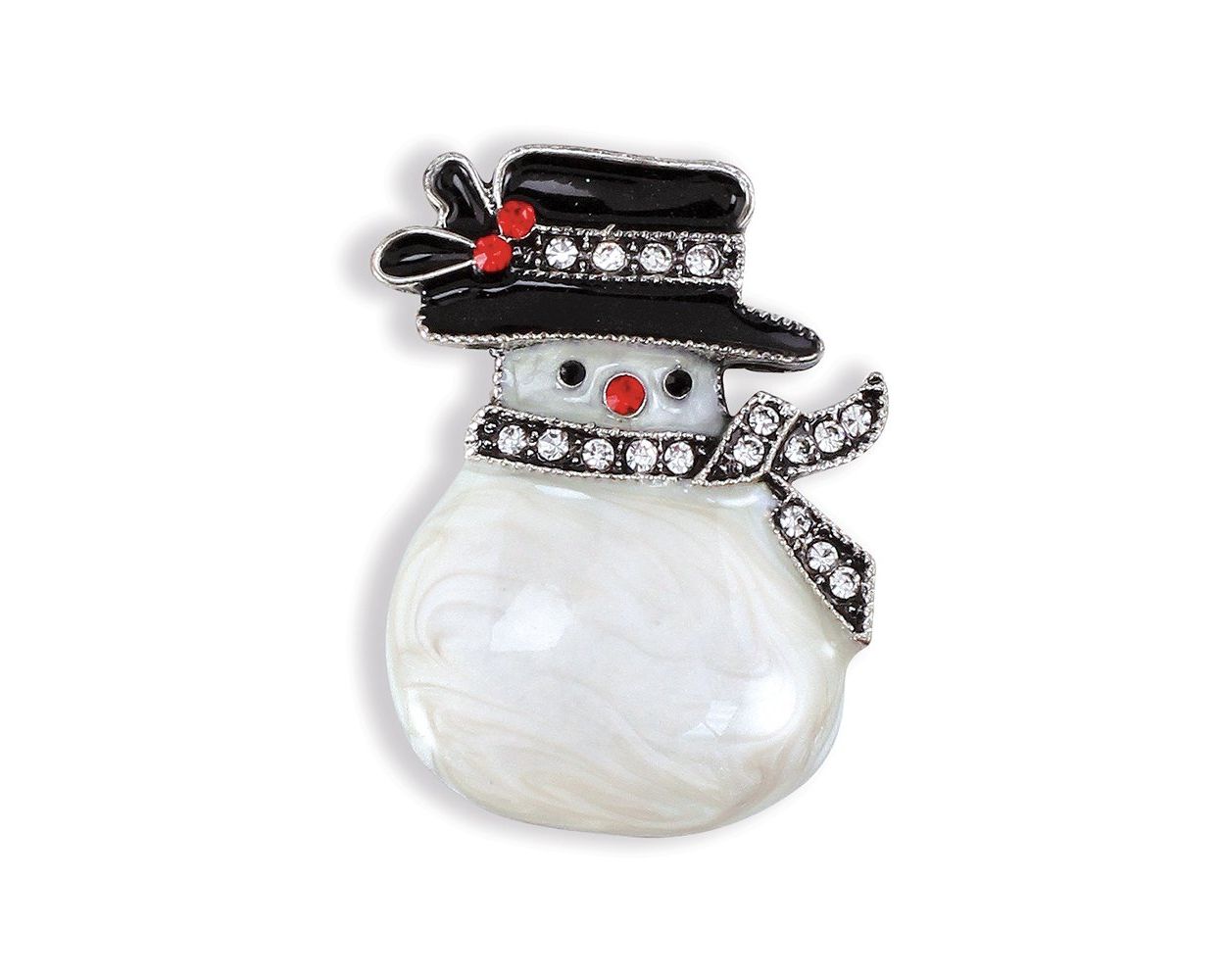 Snowman brooch with a black top hat, red buttons, and a bow tie on a white background