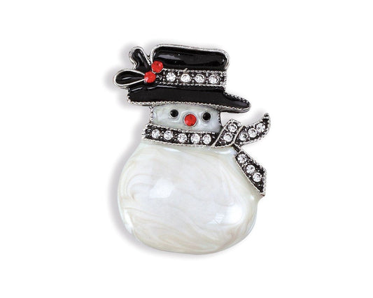 Snowman brooch with a black top hat, red buttons, and a bow tie on a white background