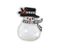 Snowman brooch with a black top hat, red buttons, and a bow tie on a white background