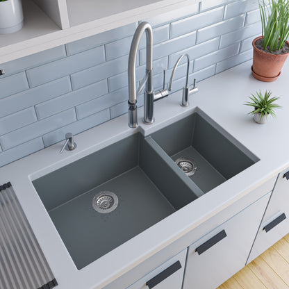 ALFI brand AB3319UM 34" Double Bowl Undermount Granite Composite Kitchen Sink