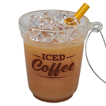 Ice cream cone-shaped container with 'ICED Coffee' text, filled with ice and a yellow cherry on top, on a white background.