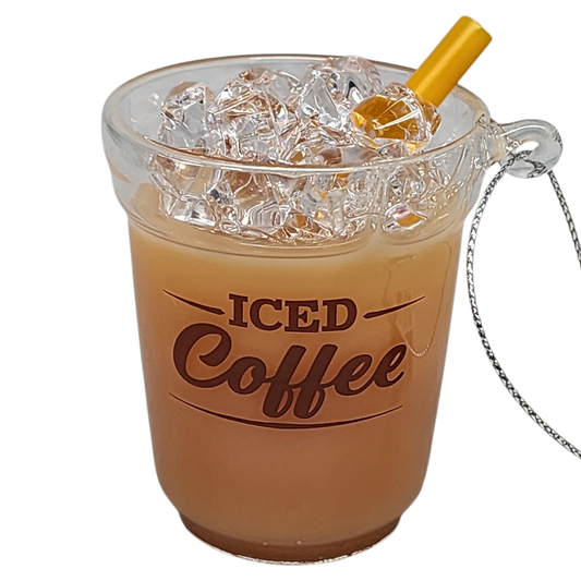 Ice cream cone-shaped container with 'ICED Coffee' text, filled with ice and a yellow cherry on top, on a white background.