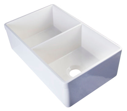 ALFI brand AB539 AB539-W White 32" Decorative Lip Apron Double Bowl Fireclay Farmhouse Kitchen Sink