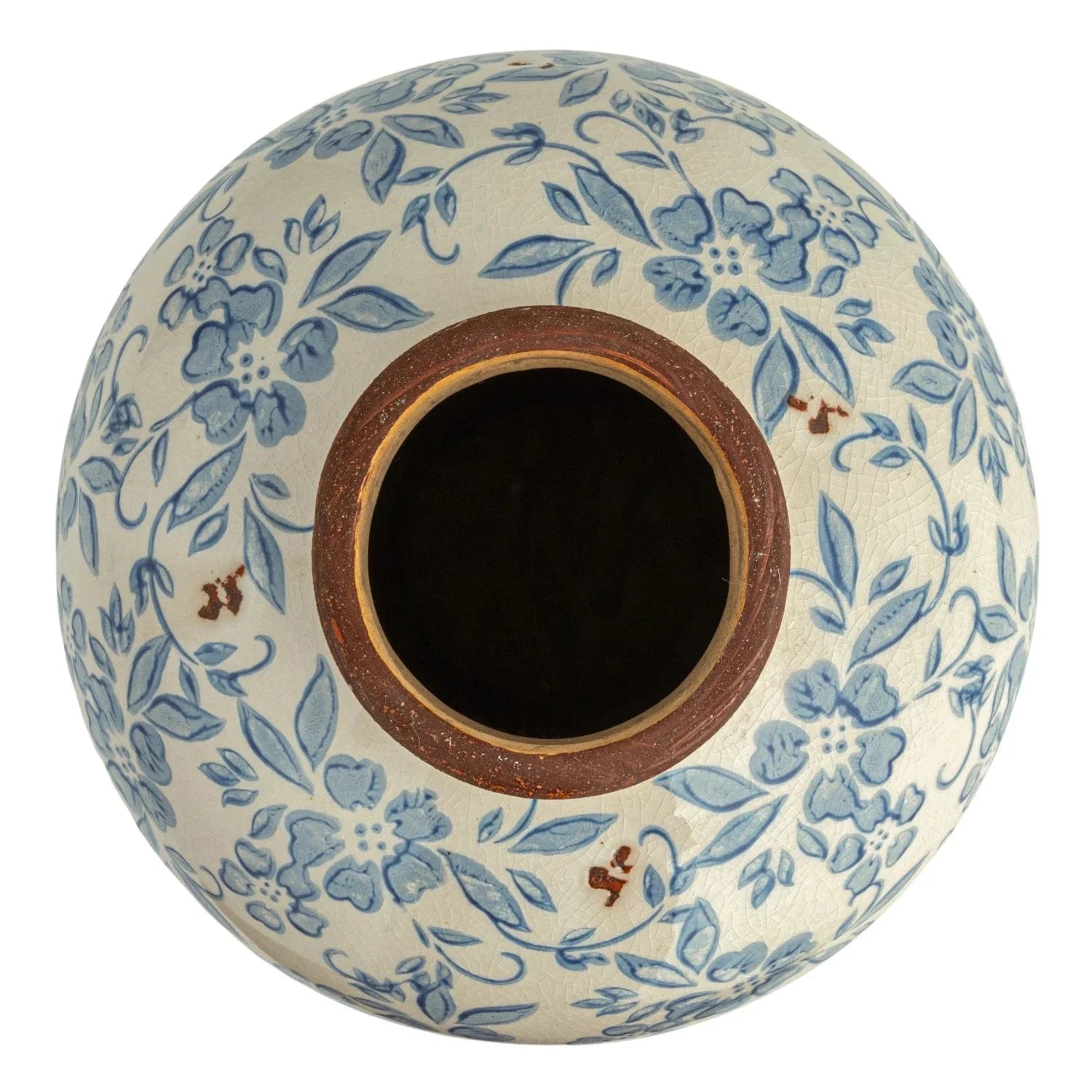 Ceramic vase with blue floral pattern on a white background