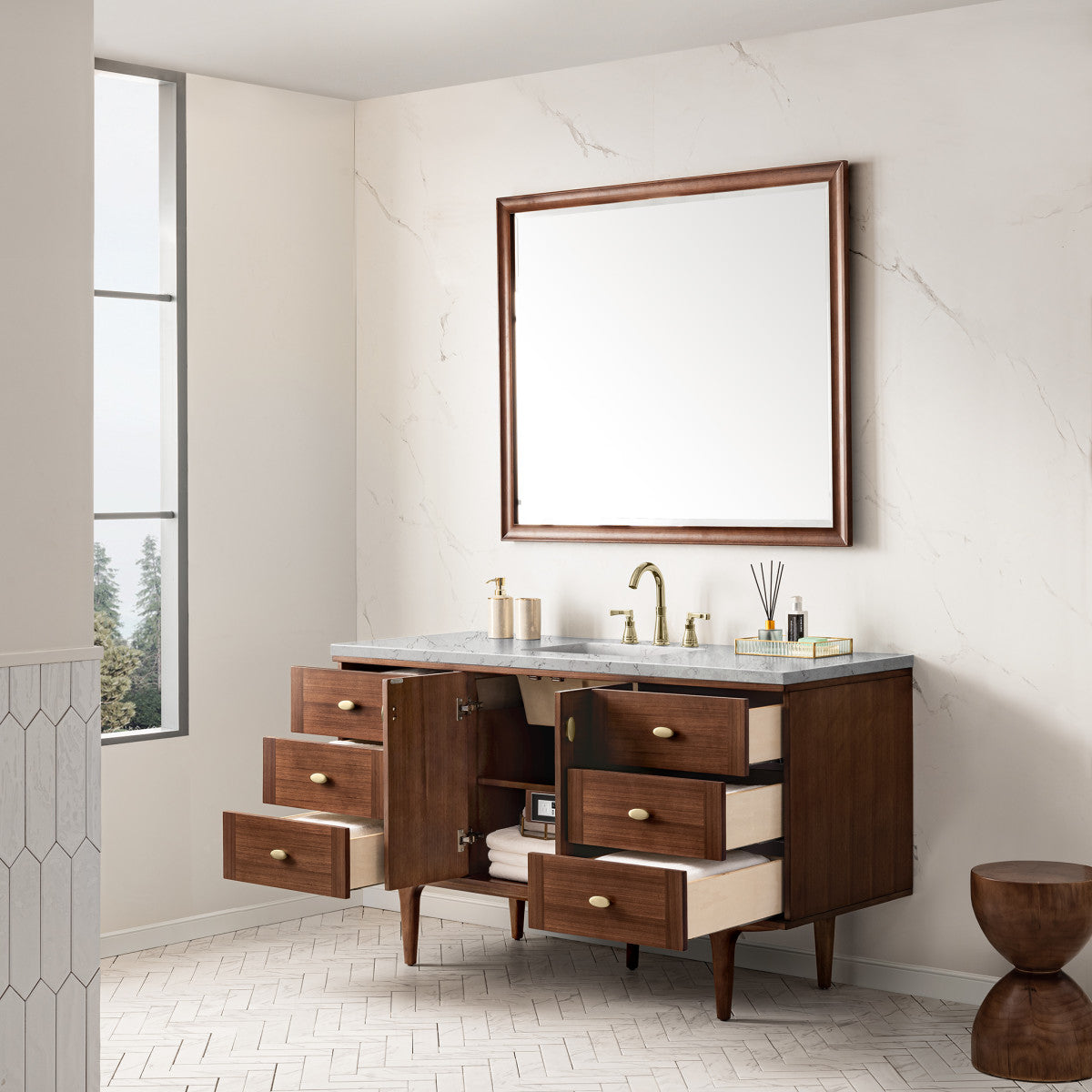 Amberly 60" Single Vanity Cabinet, Mid-Century Walnut
