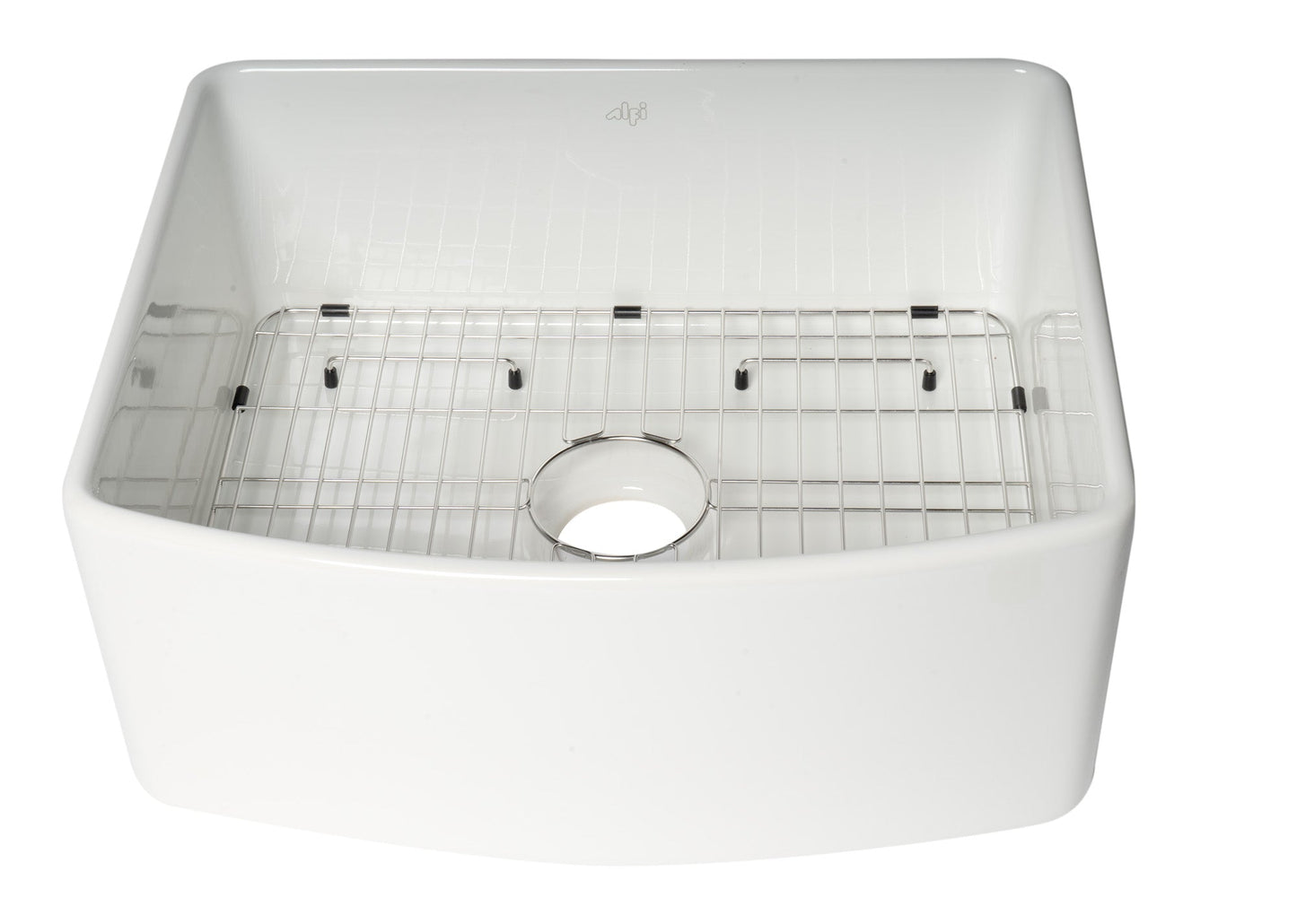 ALFI brand ABFC2420 ABFC2420-W White Smooth Curved Apron 24" x 20" Single Bowl Fireclay Farm Sink with Grid