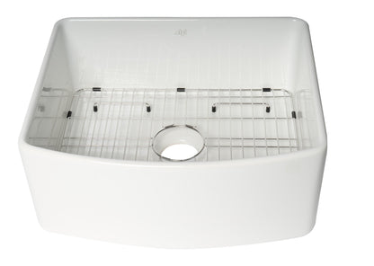 ALFI brand ABFC2420 ABFC2420-W White Smooth Curved Apron 24" x 20" Single Bowl Fireclay Farm Sink with Grid