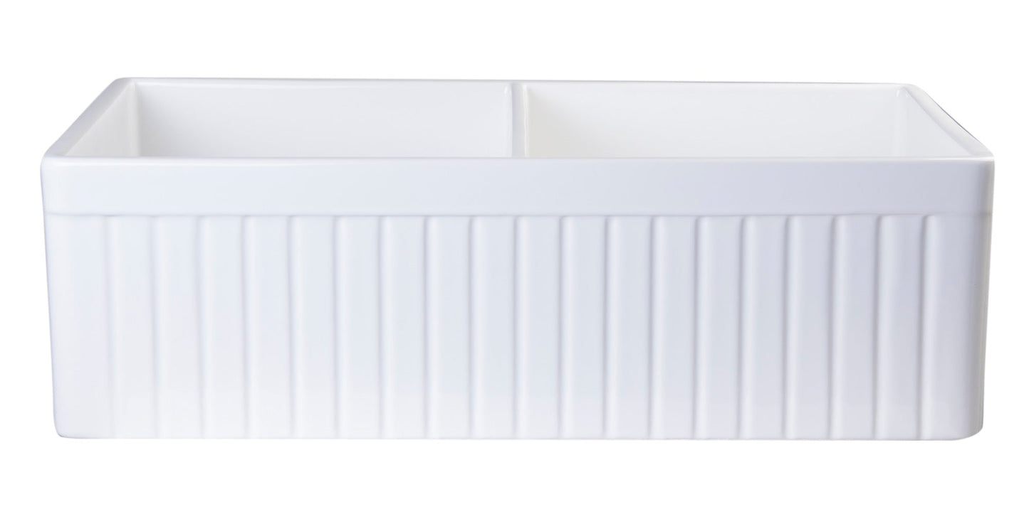 ALFI brand AB537 AB537-W White 32" Fluted Apron Double Bowl Fireclay Farmhouse Kitchen Sink