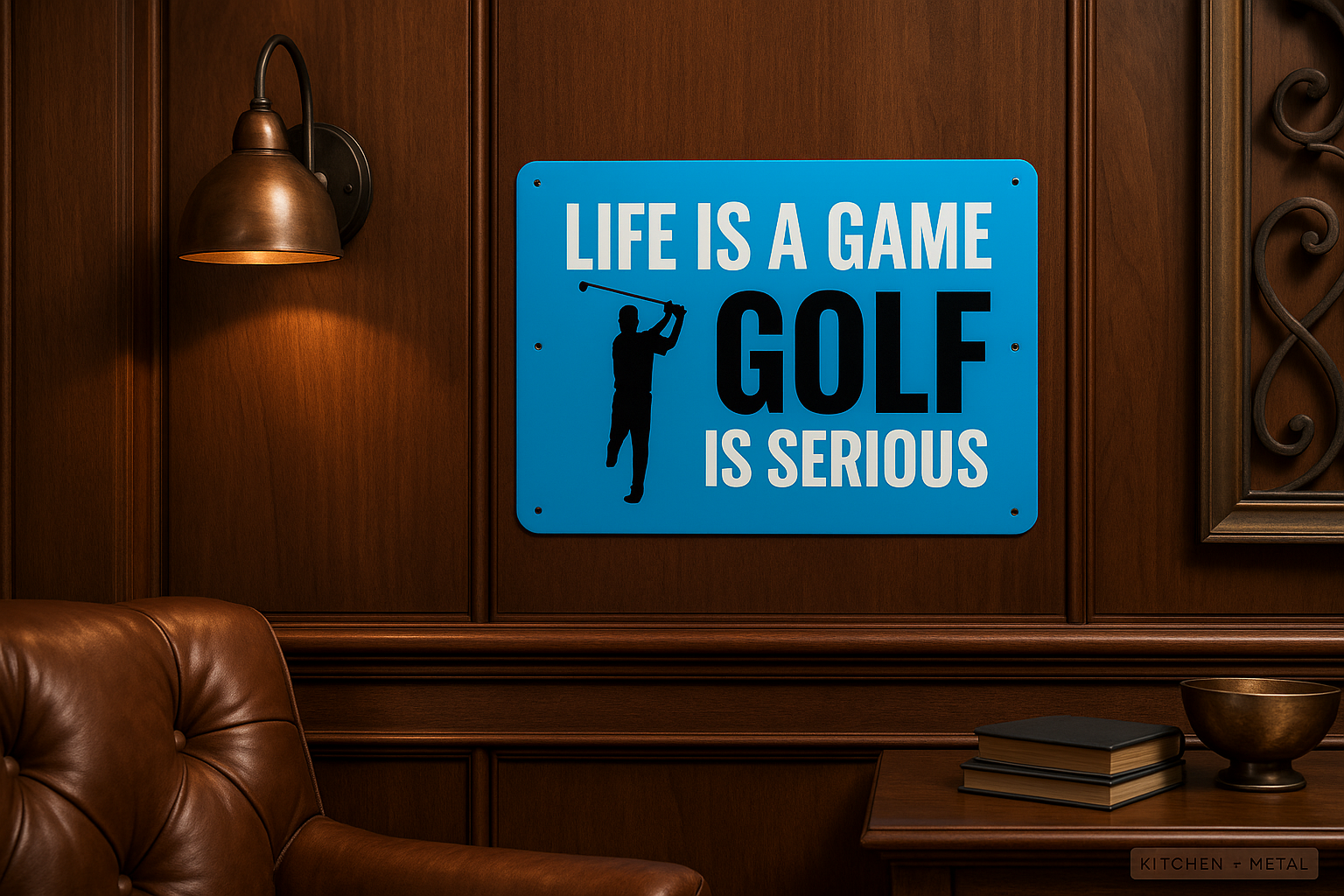 Decorative sign with 'Life is a game, golf is serious' on a wooden wall.