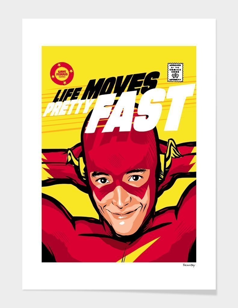 Comic book-style poster with a superhero in red and yellow costume against a yellow background with text.