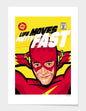 Comic book-style poster with a superhero in red and yellow costume against a yellow background with text.