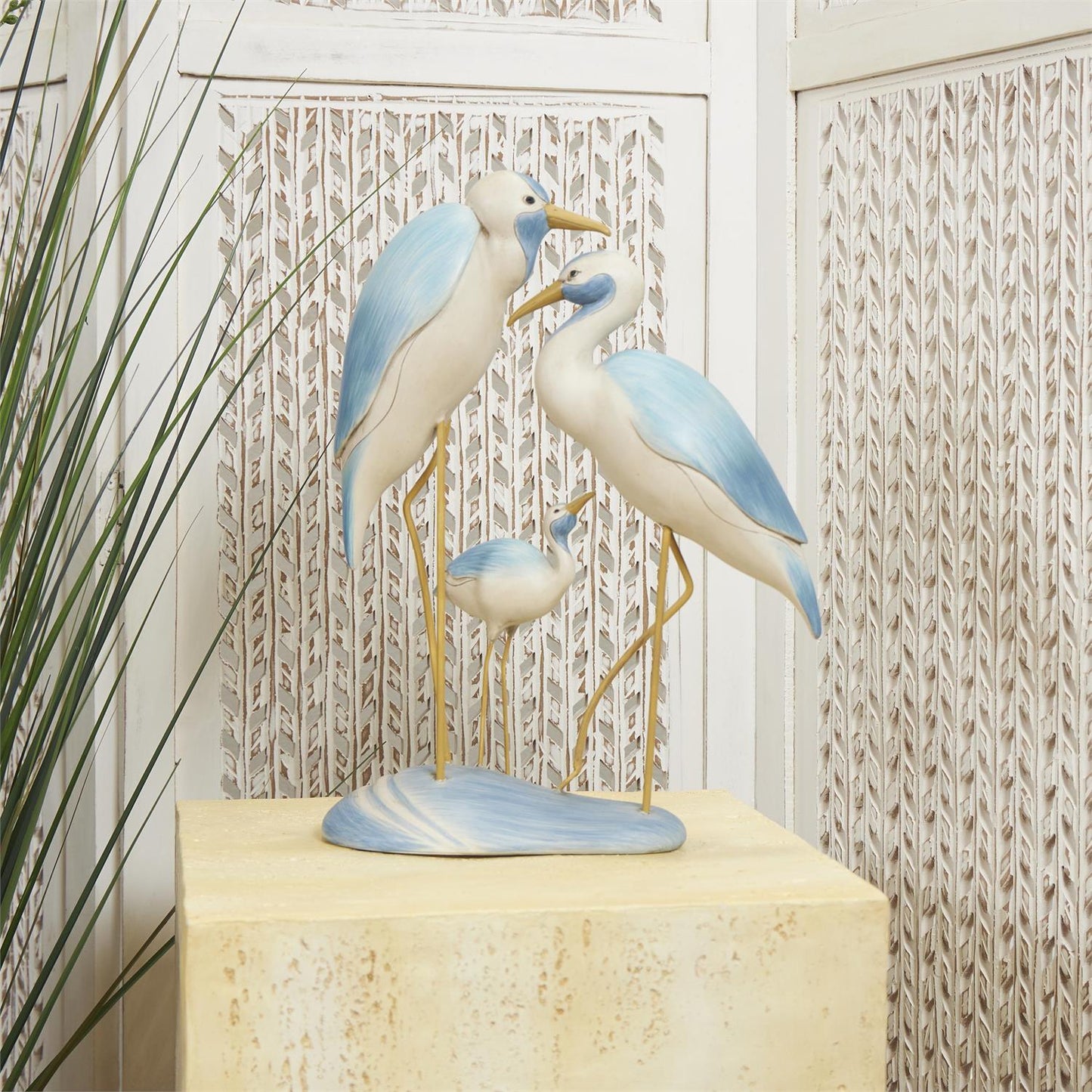 Light Blue Polystone Bird Family Decorative Sculpture