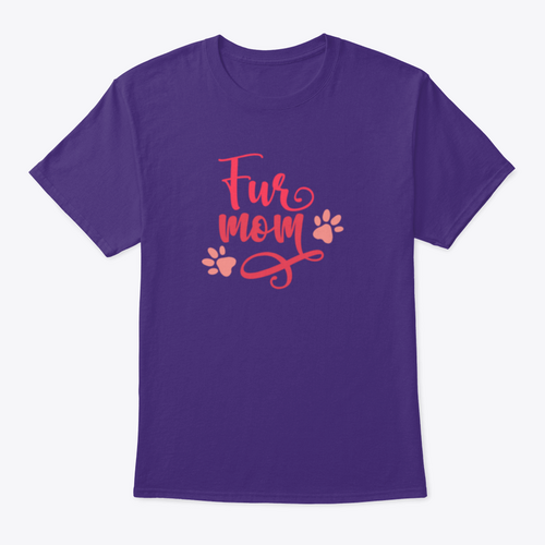 Purple t-shirt with 'Fur Mom' text and paw prints on a white background