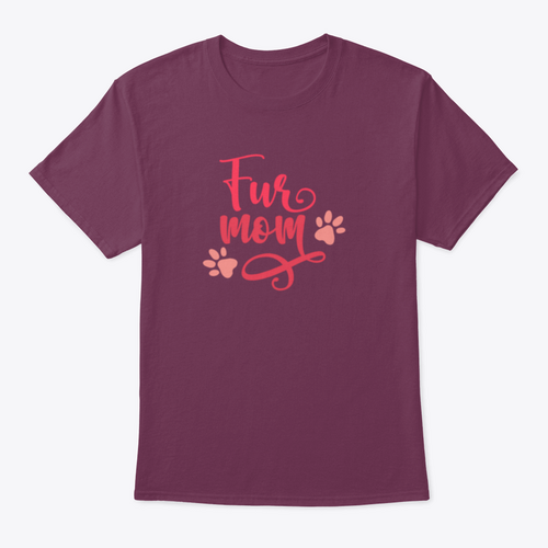 Maroon t-shirt with 'Fur Mom' text and paw prints on a white background