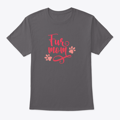 Gray t-shirt with 'Fur Mom' text and paw prints on a white background