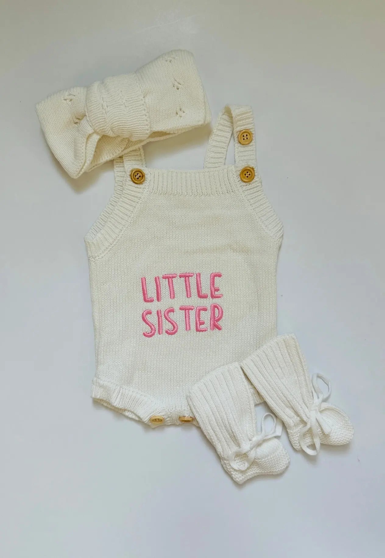 Newborn Knit Romper Set – Hello World, LITTLE SISTER and LITTLE BROTHER Embroidered Baby Outfit with Hat & Booties or Headband | Soft Coming Home Outfit