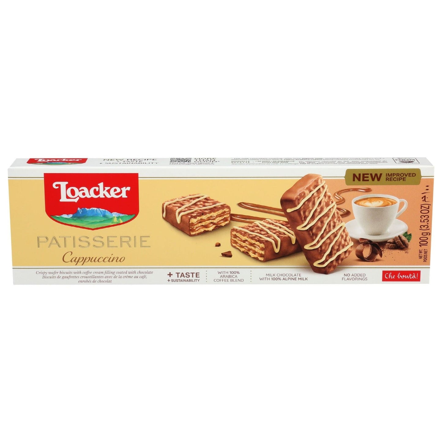 Loacker Cappuccino Chocolate Biscuits, 3.53 Oz - Crispy Wafers with Milk Chocolate and Coffee Cream