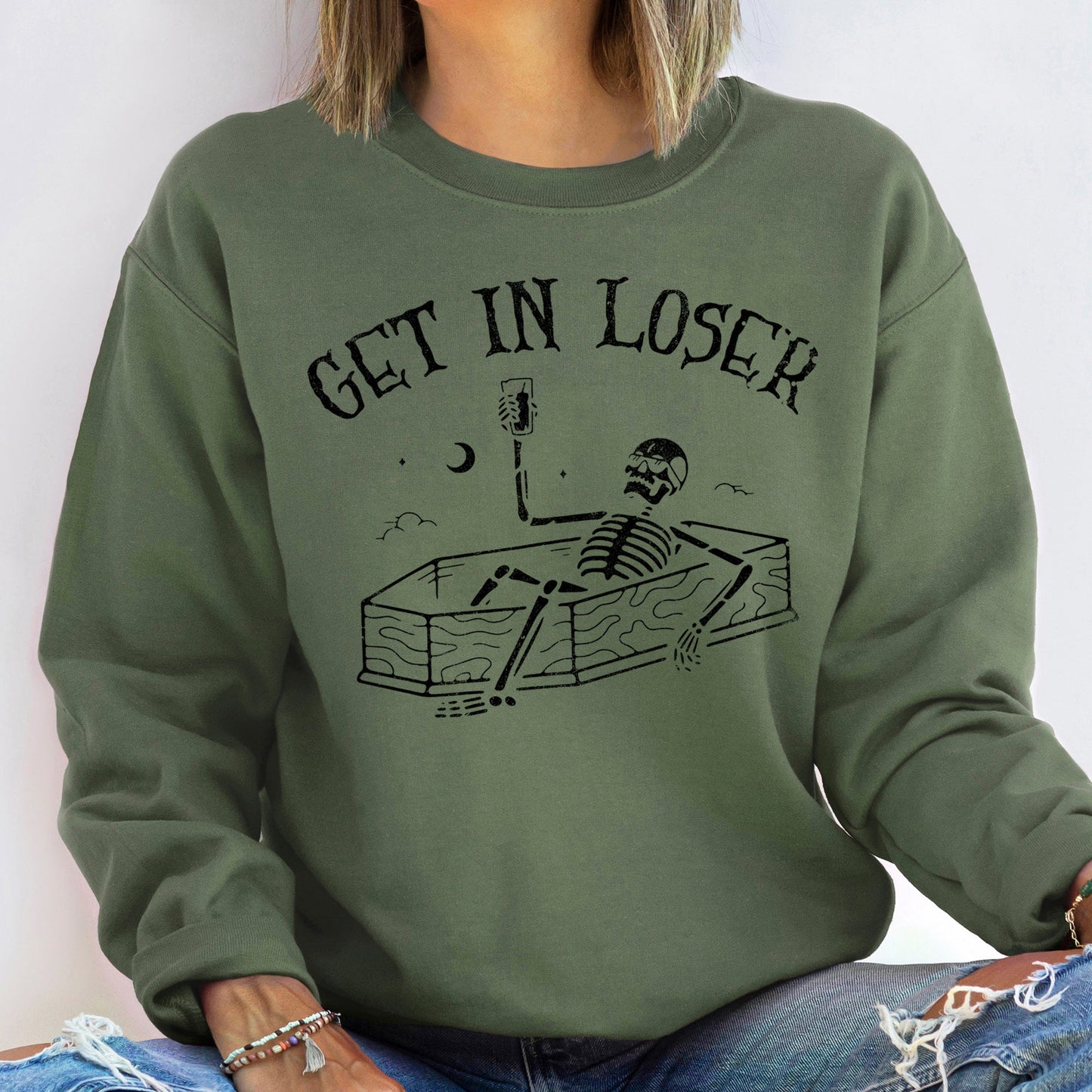 Get In Loser Skeleton Halloween Sweatshirt