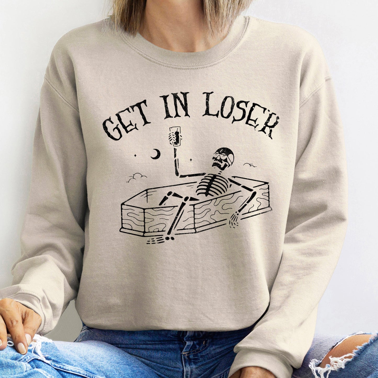 Get In Loser Skeleton Halloween Sweatshirt