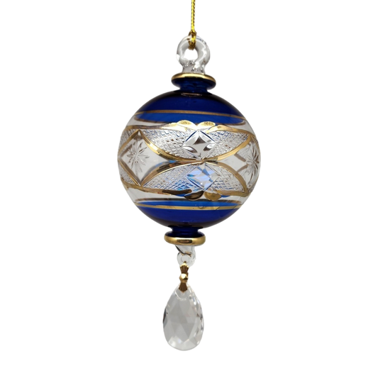 Etched Blown Glass Ball with Crystal Dangle - Blue