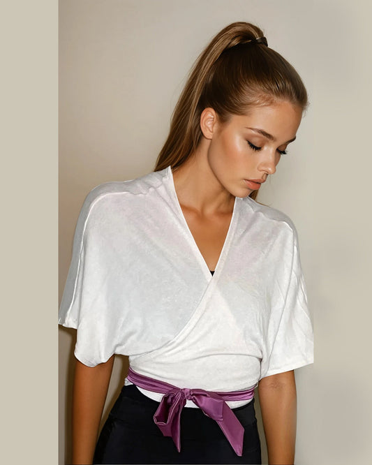 Luxe Cropped Sweater Knit Wrap Top Ballet Warm Up - Peach Ivory