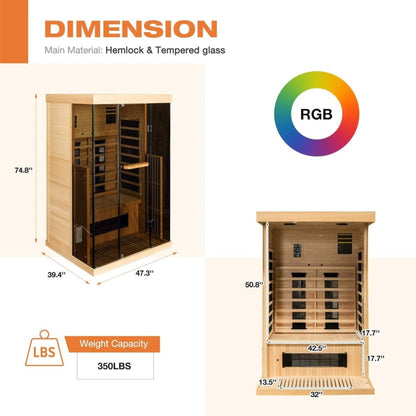 Luxury 2-Person Low EMF FAR Infrared Heat Wood Home Personal Spa Sauna W/ Panoramic Tempered Glass, 2000W (SAK27481)
