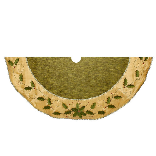 Decorative tree skirt with green center and gold边缘饰有冬青叶