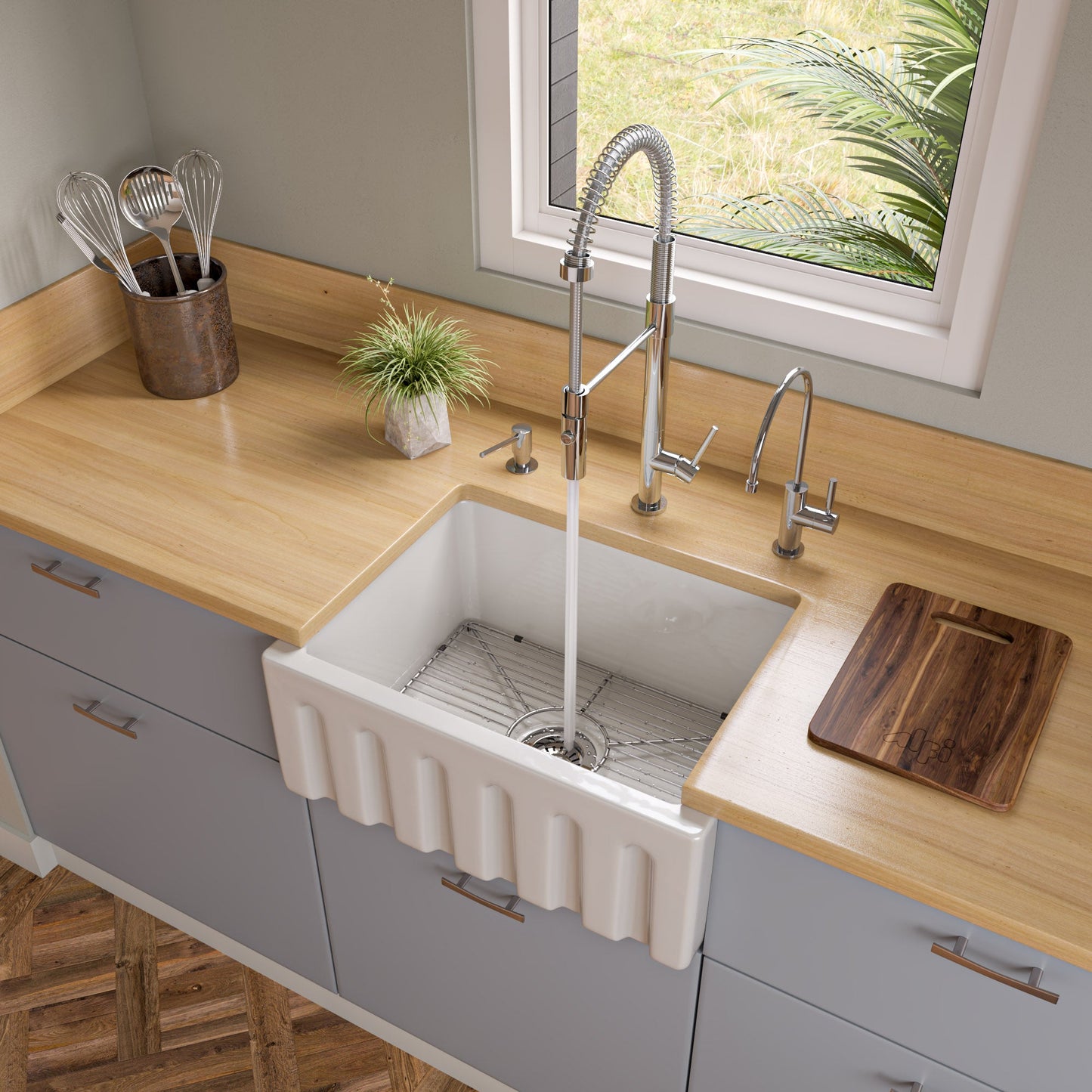 ALFI brand AB2418HS AB2418HS-B 24 inch Biscuit Reversible Smooth / Fluted Single Bowl Fireclay Farm Sink