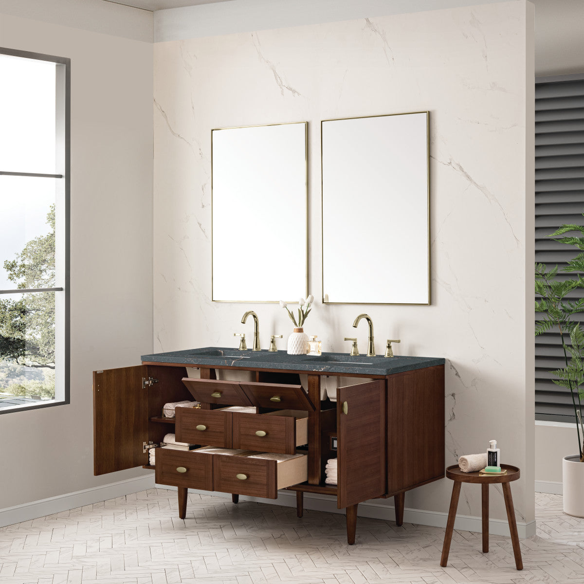 Amberly 60" Double Vanity Cabinet, Mid-Century Walnut