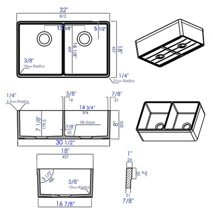 ALFI brand AB512 AB512-W White 32" Double Bowl Lip Apron Fireclay Farmhouse Kitchen Sink with 1 3/4" Lip
