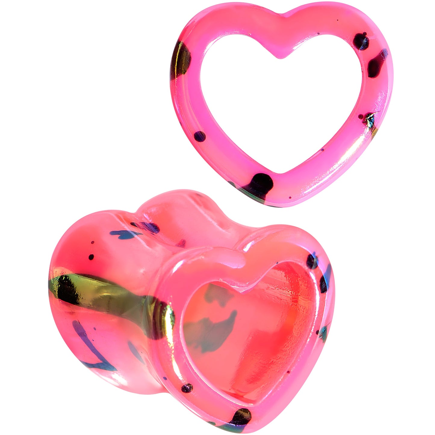 Black Speckled Pink Acrylic Heart Saddle Plug Set 4mm to 20mm