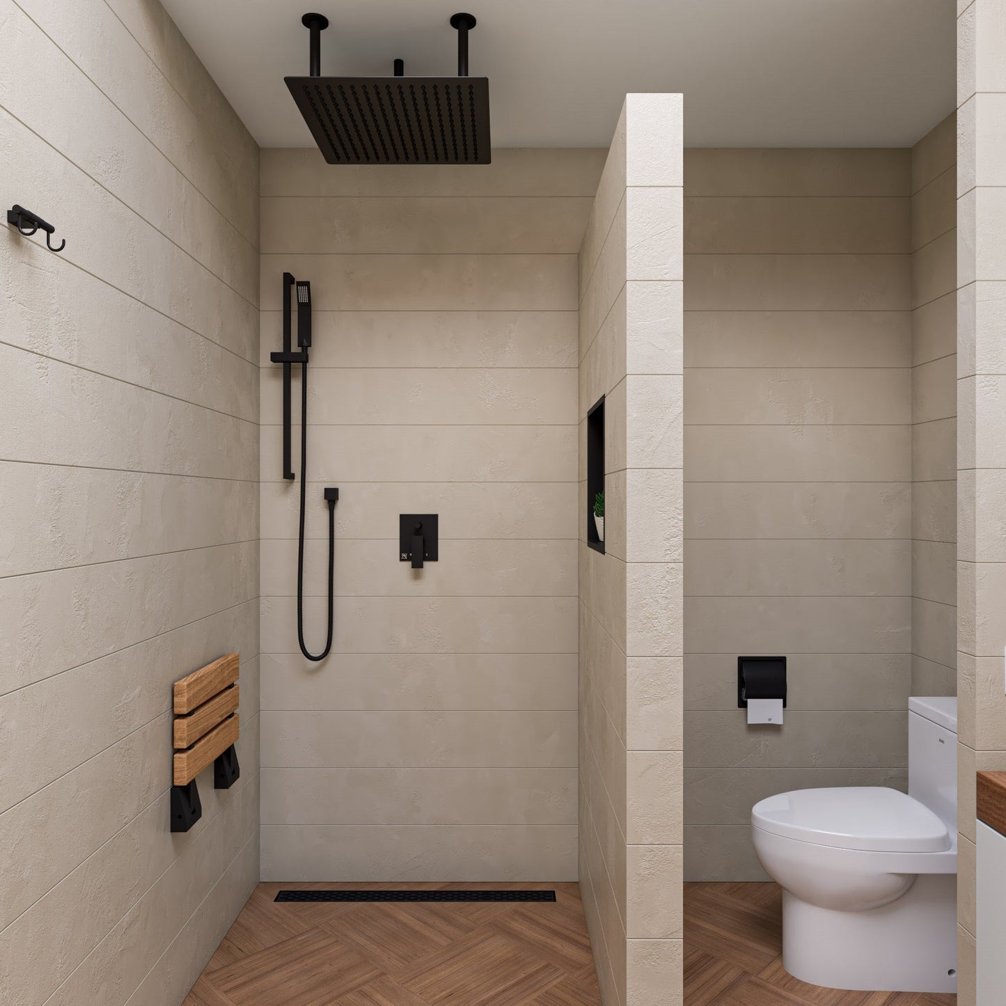 ALFI brand ABS16S 16" Wide Foldable Teak Shower Seat with Square Hardware