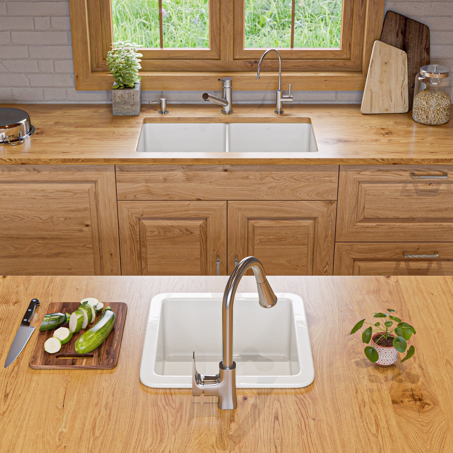 ALFI brand ABF3219DUD ABF3219DUD-W White 32" x 19" Double Bowl Fireclay Undermount / Drop In Kitchen Sink w Grid