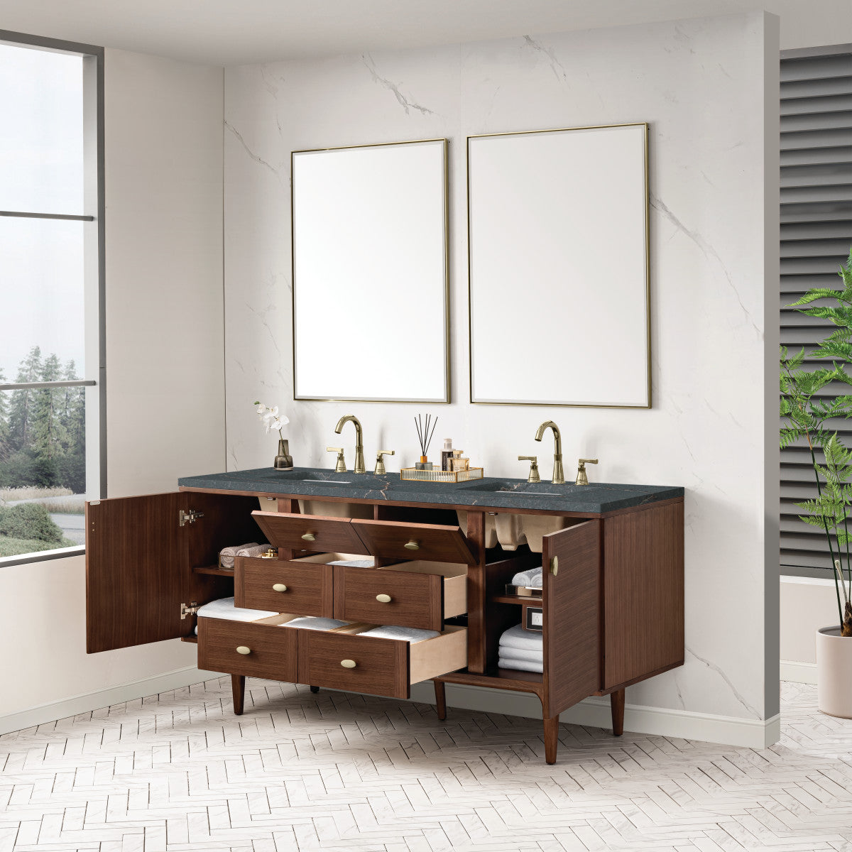 Amberly 72" Double Vanity Cabinet, Mid-Century Walnut