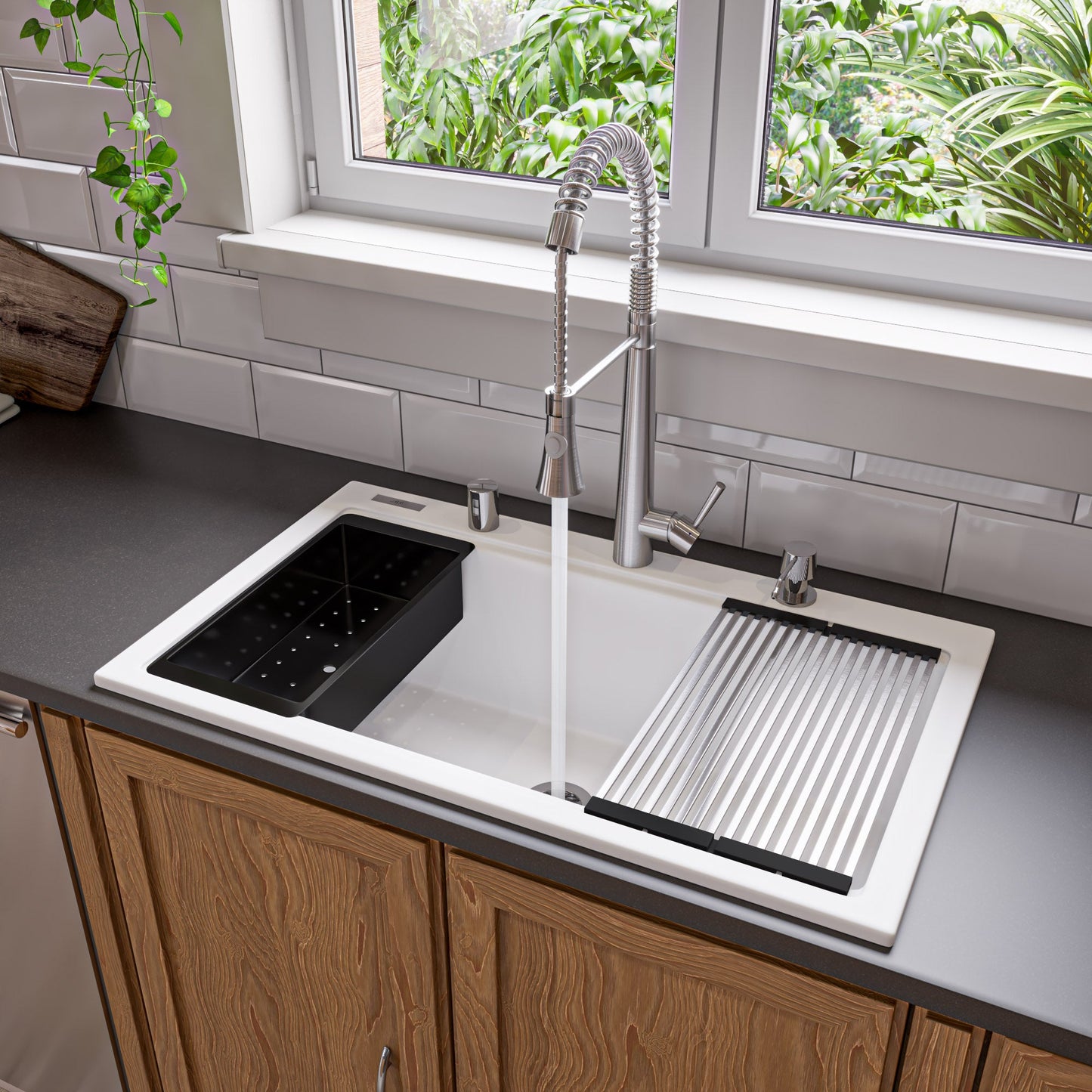 ALFI brand AB3418SBDI 33" Granite Composite Workstation Step Rim Single Bowl Drop In Sink with Accessories