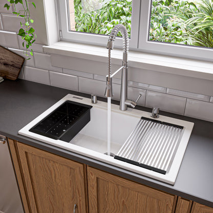 ALFI brand AB3418SBDI 33" Granite Composite Workstation Step Rim Single Bowl Drop In Sink with Accessories