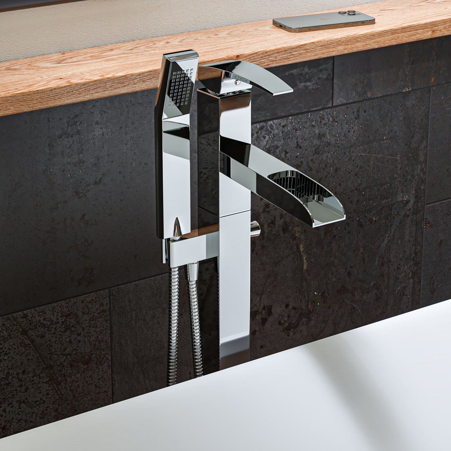 ALFI brand AB2843 Single Hole Floor Mounted Waterfall Tub Filler