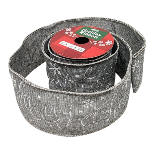 2.5" x 3 Yard Christmas Ribbon - Silver Merry Christmas